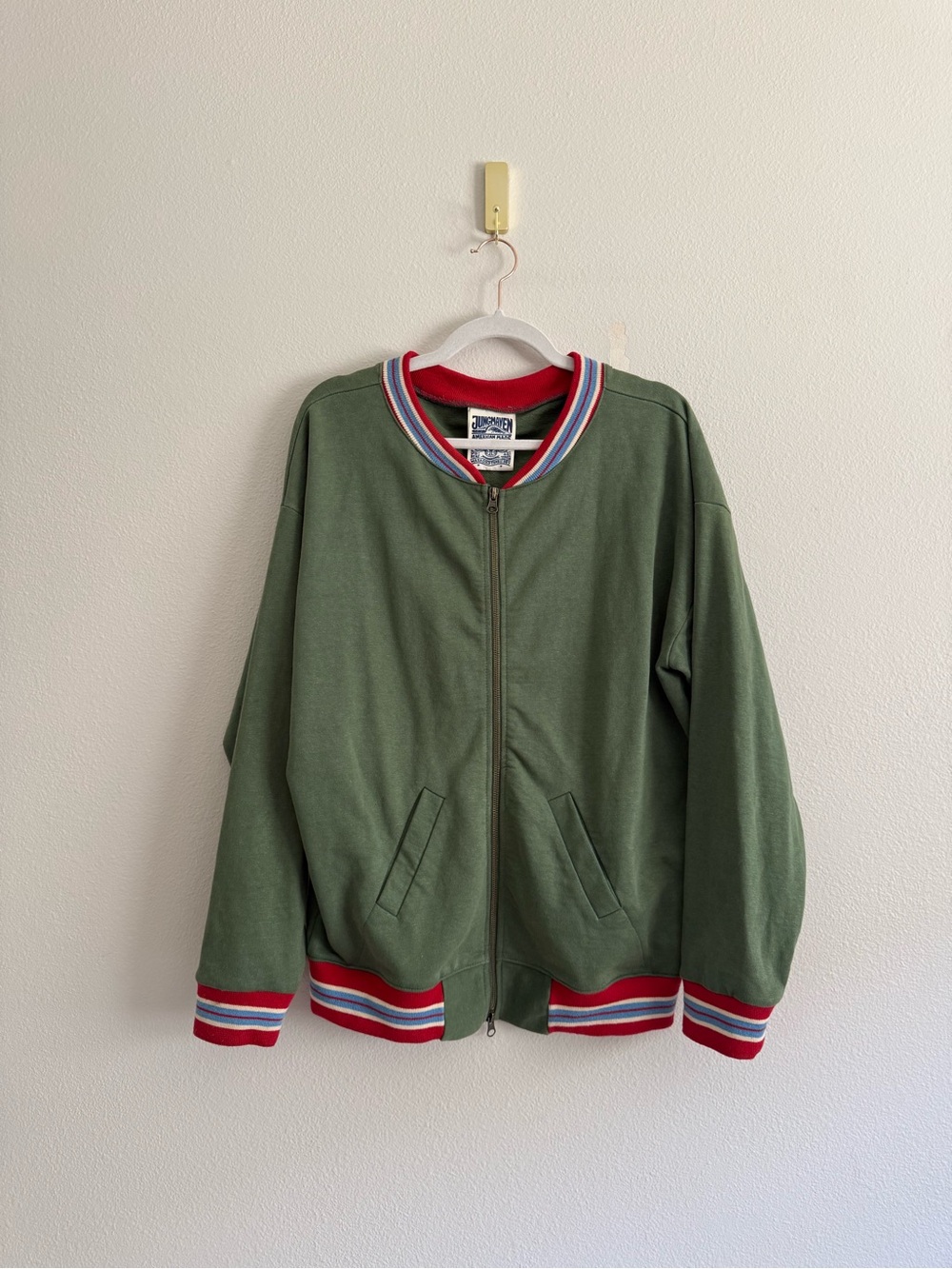 Jungmaven full zip bomber jacket green striped hem men’s Sz M/L